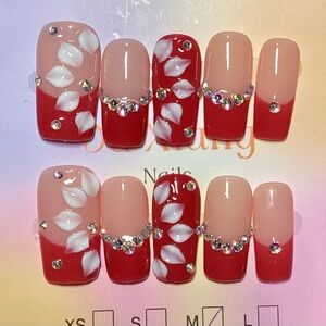 Gorgeous 3D Flower Gem Red French Tip Handmade Square Press-On Nails S M L